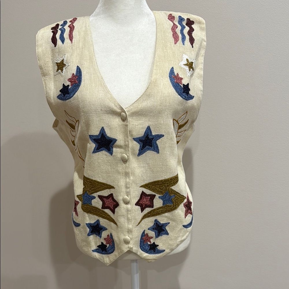 New Directions Vintage Embroidered Star Pattern Cream Vest Size Large